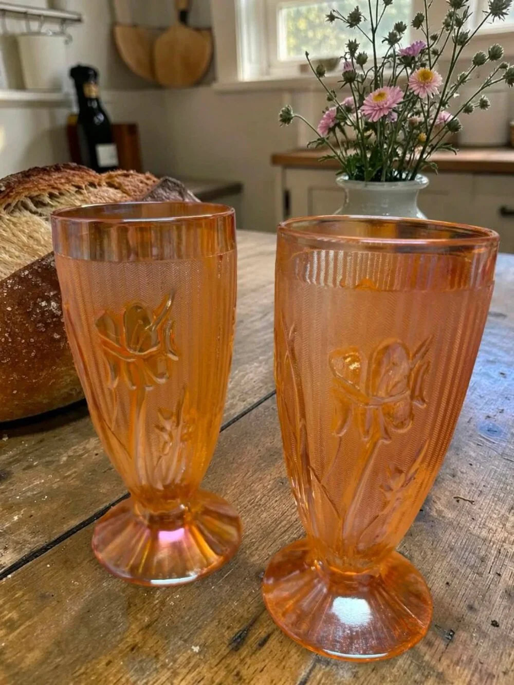 Jeanette Depression Glass Tumblers Iris & Herringbone Carnival Glass Footed